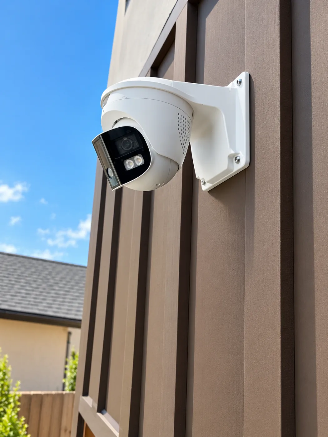Outdoor turret security camera mounted on the exterior wall of a Los Angeles home